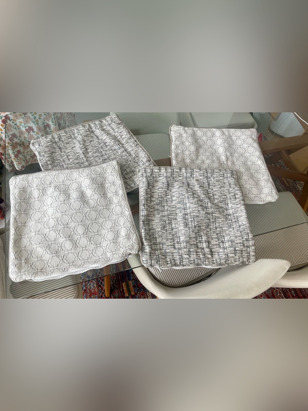 NWOT 4 classy patterned grey/ivory pillow cases 18”x18”